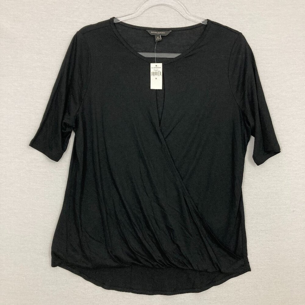 New Banana Republic‎ Black Stretch Knit Cut Out Detail Wrap Top Medium